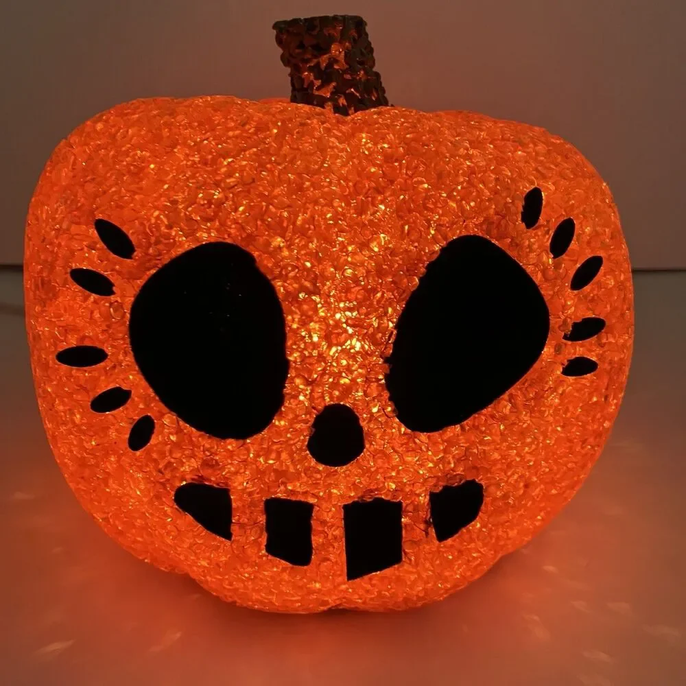 Vintage Halloween Melted Plastic Jack O  Lantern Lighted Sparkling 6” X 7”